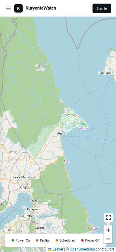 KuryenteWatch public map showing barangay power statuses