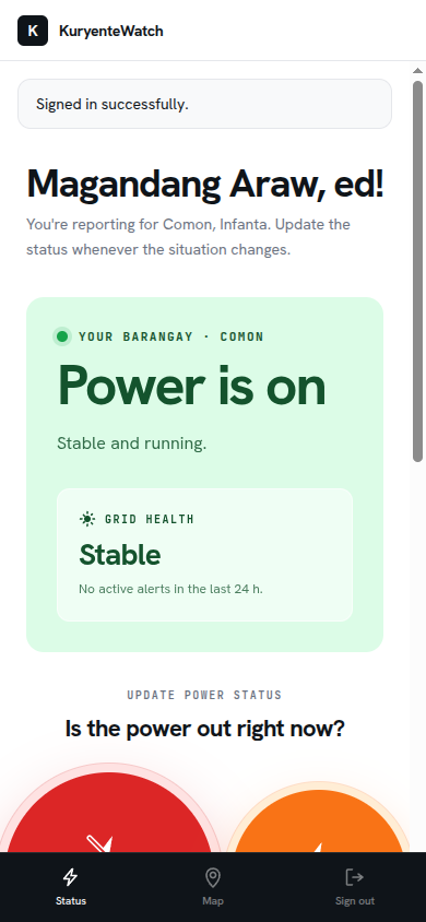 Volunteer dashboard showing power-on status and reporting buttons