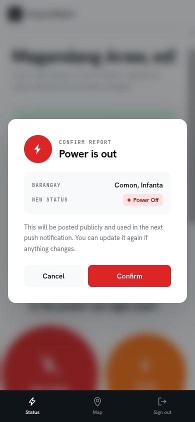 Confirmation modal for reporting a full power outage