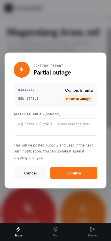 Partial outage modal with notes field for affected areas