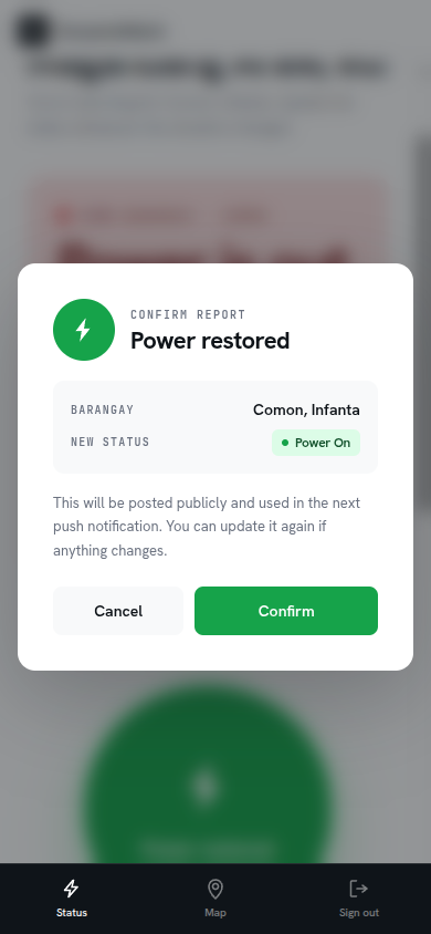 Confirmation modal for reporting power restoration